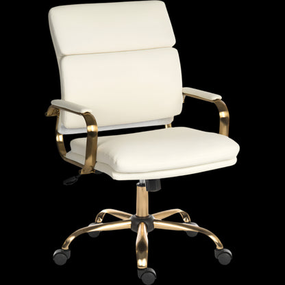 White office chair with gold accents on a black background