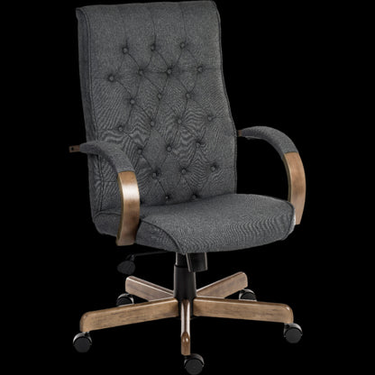Gray office chair with tufted backrest and wooden armrests on a black background