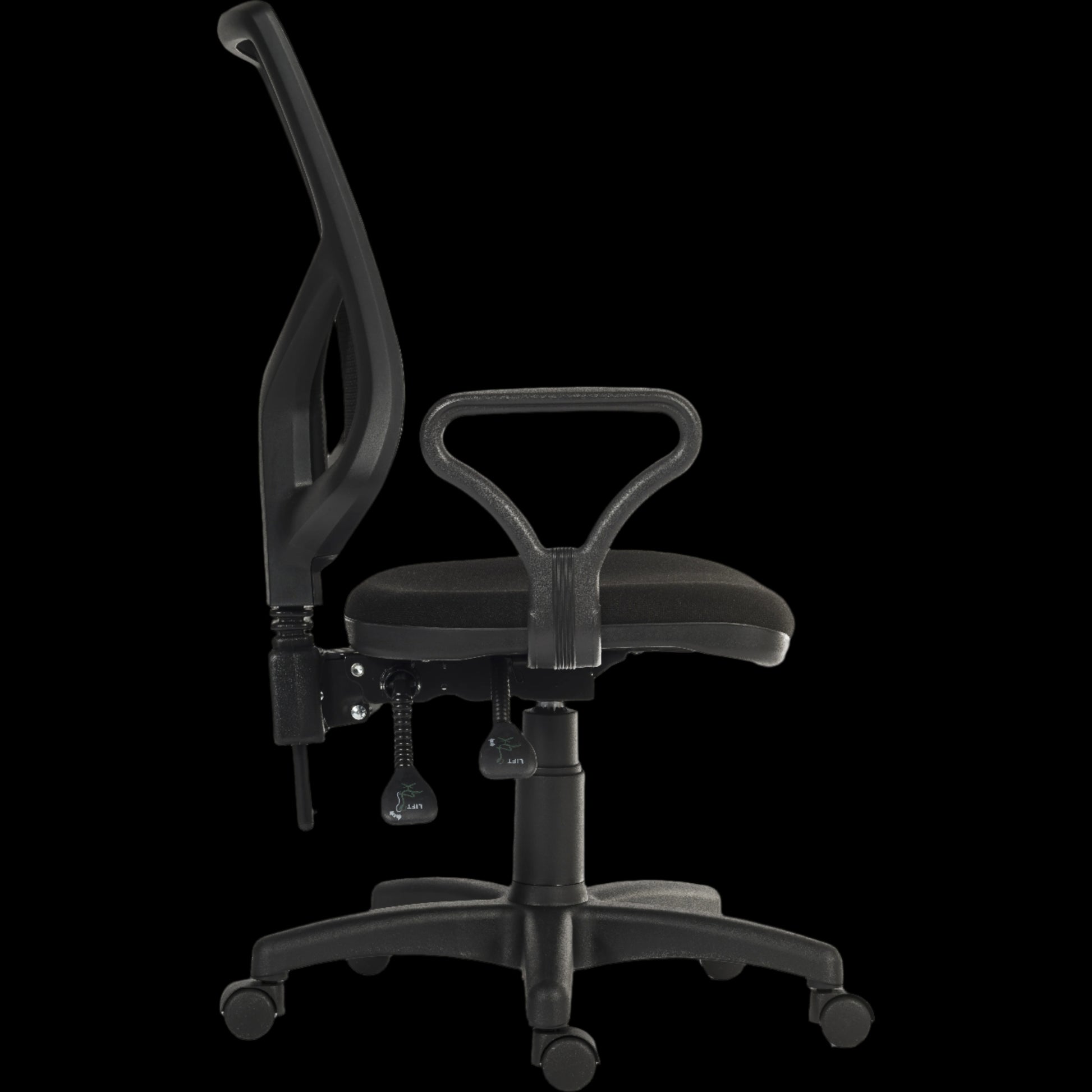 Black office chair with adjustable features on a black background