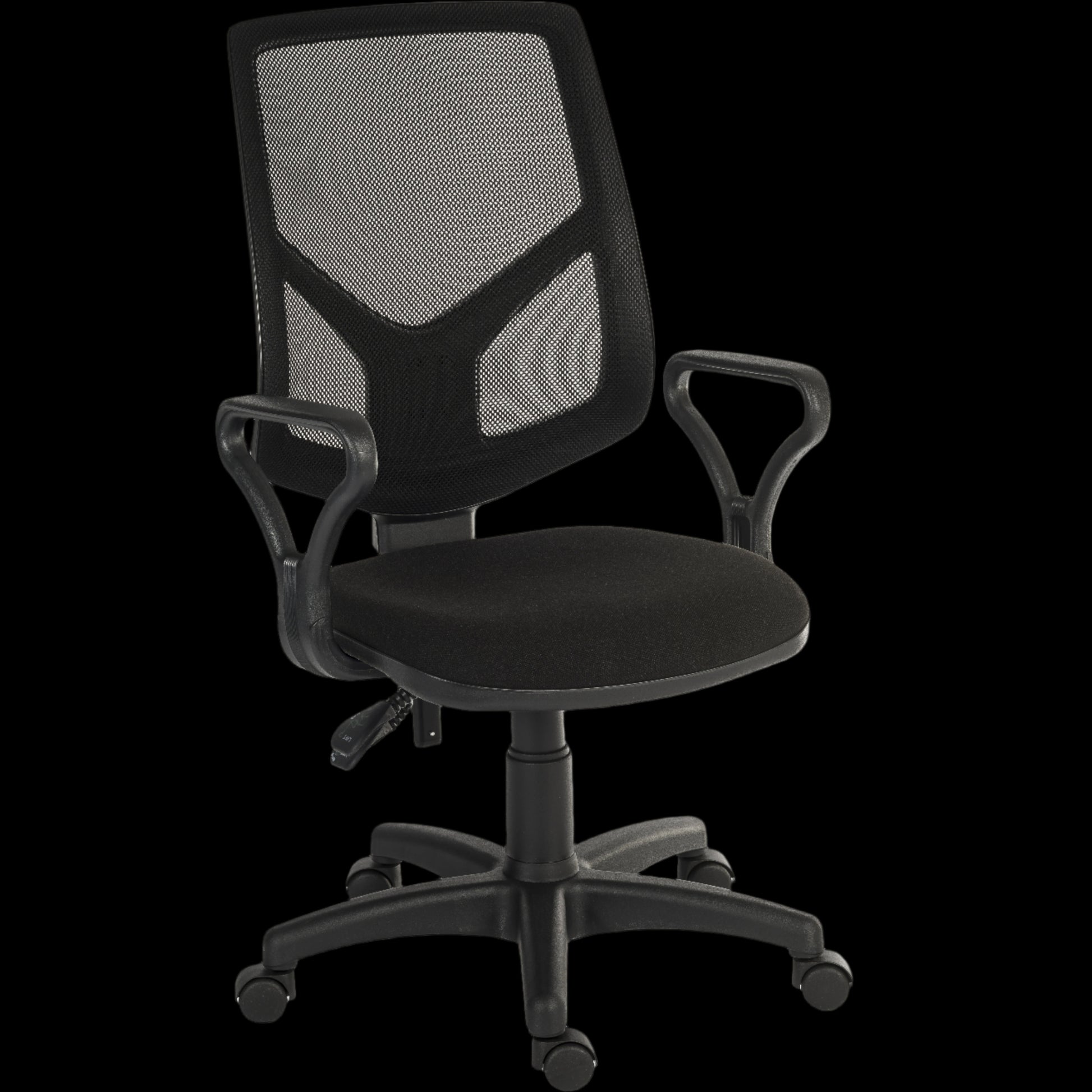 Black office chair with mesh back on a black background