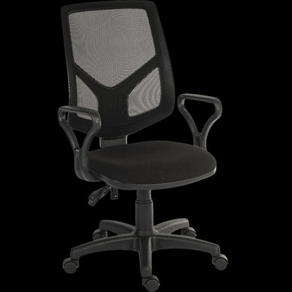 Black office chair with mesh back on a black background