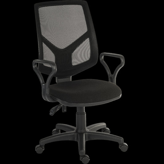 Black office chair with mesh back on a black background