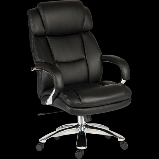 Black office chair with chrome base on a black background