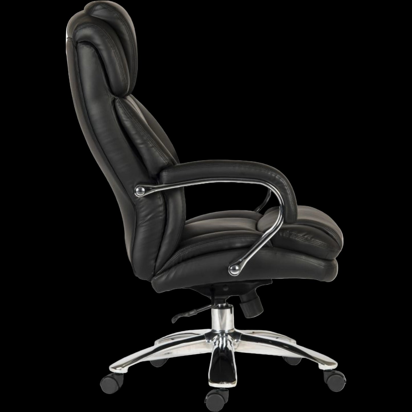 Black office chair with chrome base on a black background