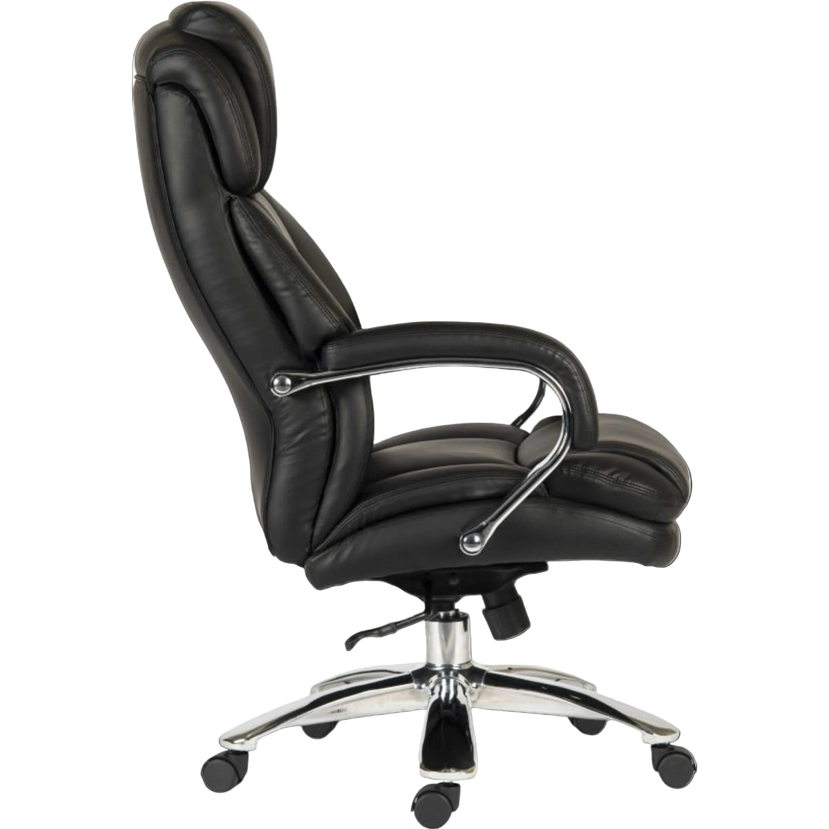 Black office chair with chrome base on a black background