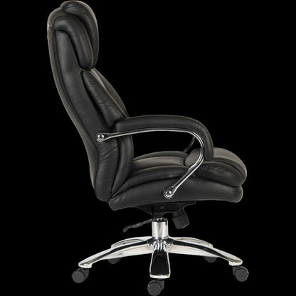 Black office chair with chrome base on a black background