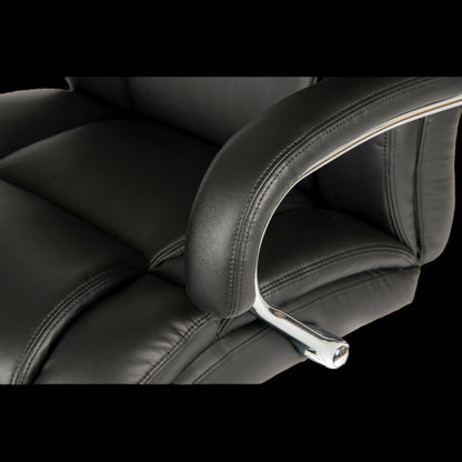 Close-up of a black office chair with headrest and armrests.