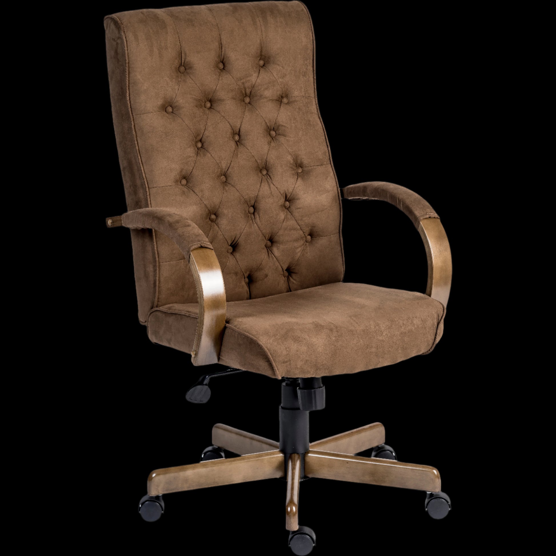 Brown office chair with tufted backrest on a black background