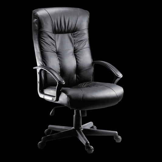 Black leather office chair on a black background