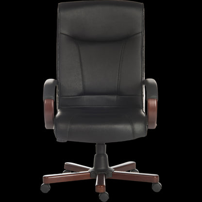 Black office chair with brown accents on a black background