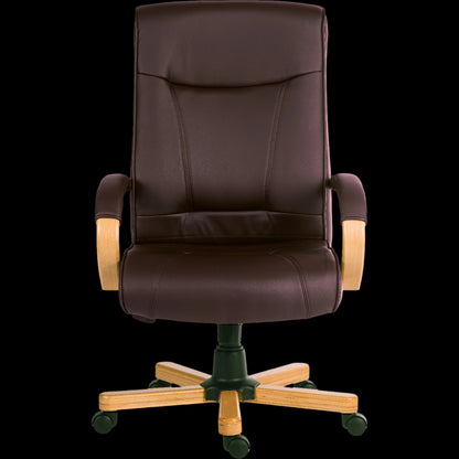 Brown office chair with wooden armrests and base on a black background
