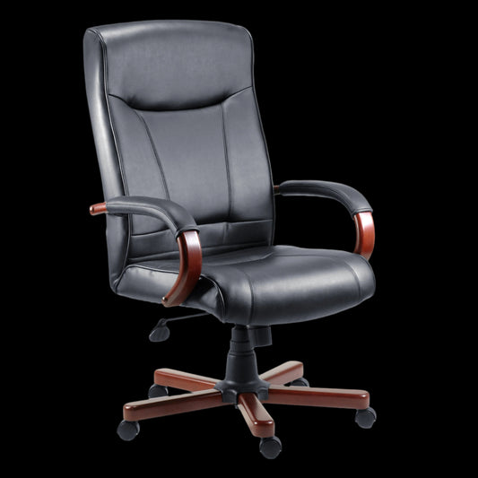 Black office chair with wooden armrests and base on a black background