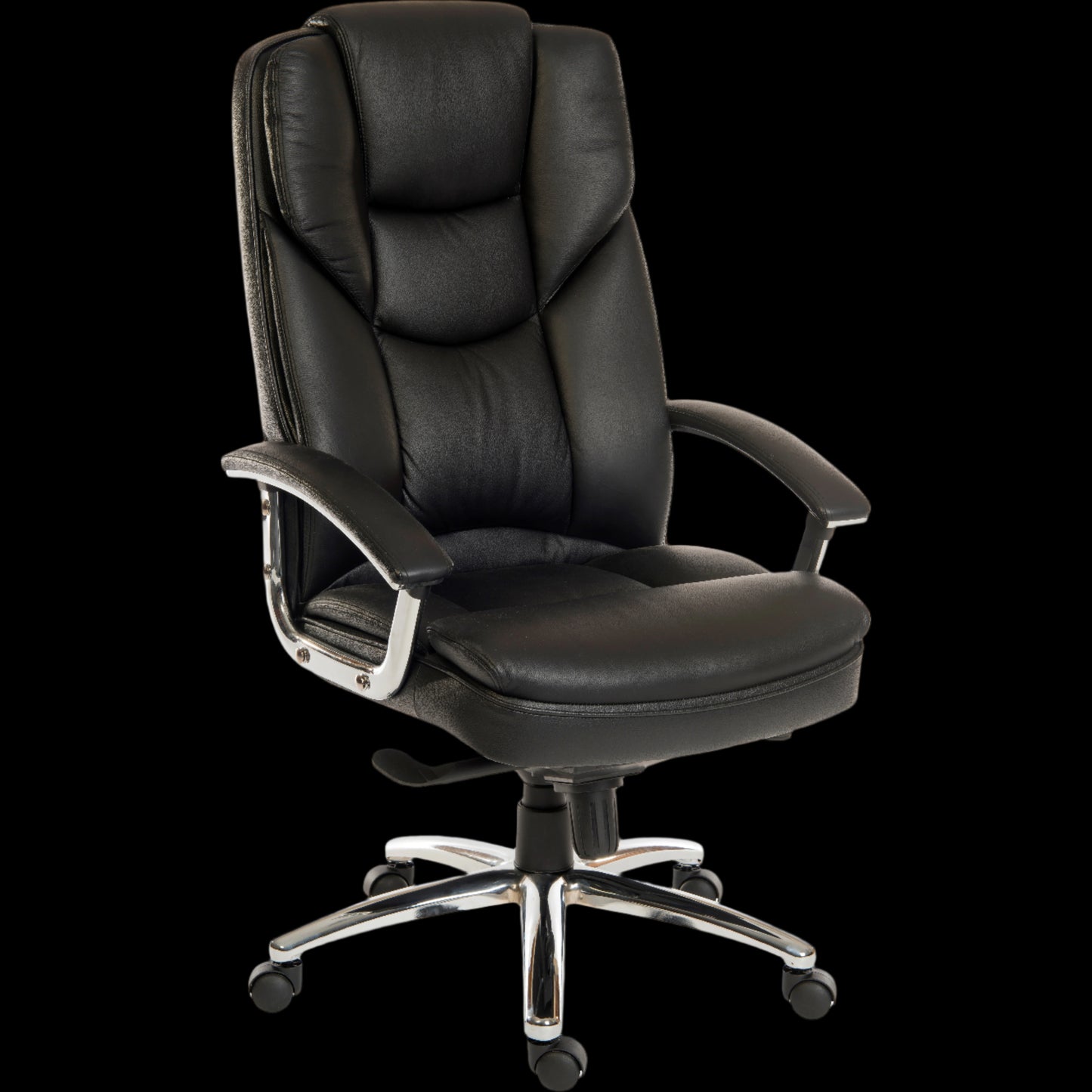 Black office chair with chrome base on a black background