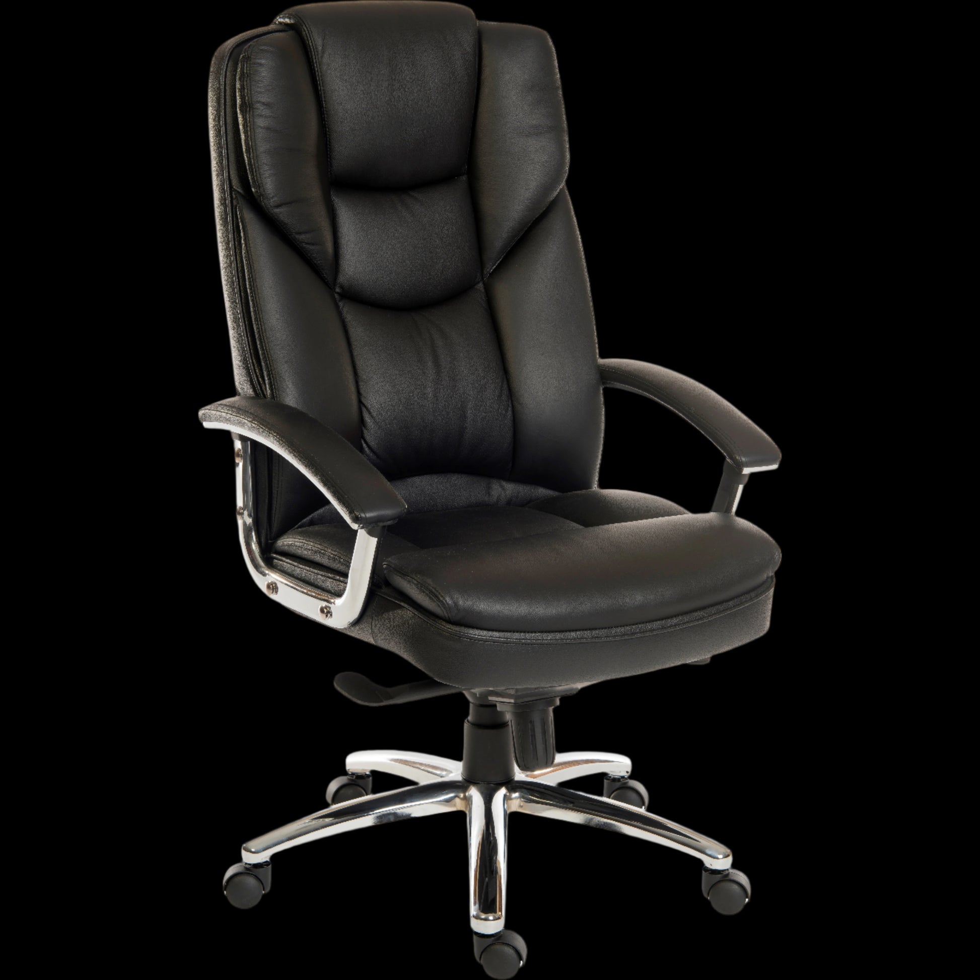 Black office chair with chrome base on a black background