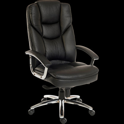 Black office chair with chrome base on a black background