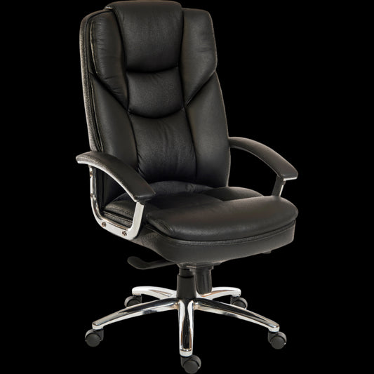 Black office chair with chrome base on a black background
