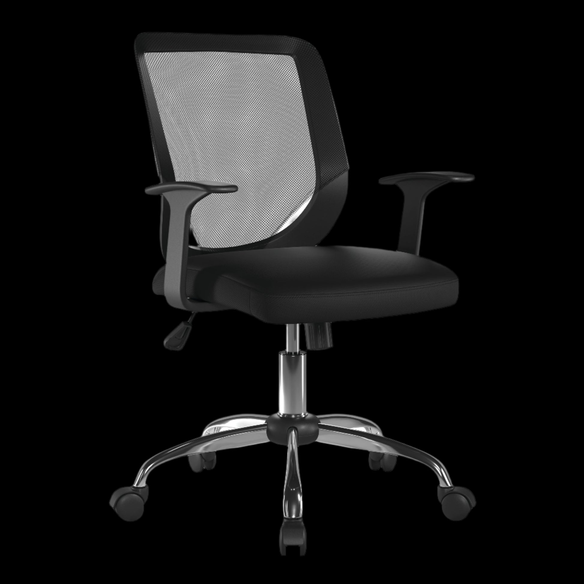 Black office chair with mesh backrest on a black background