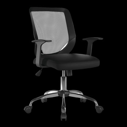 Black office chair with mesh backrest on a black background
