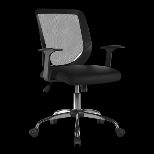 Black office chair with mesh backrest on a black background