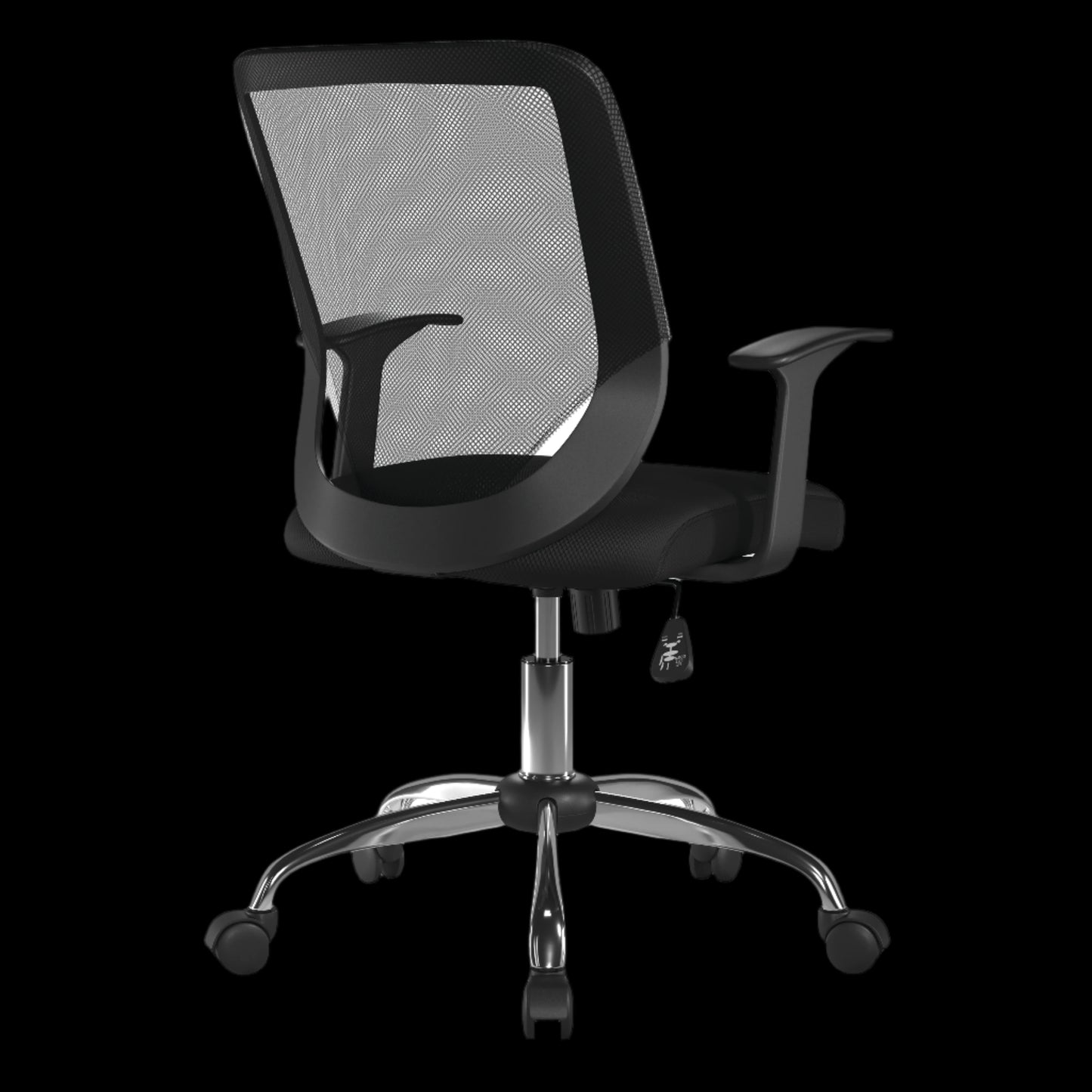 Black office chair with mesh backrest on a black background