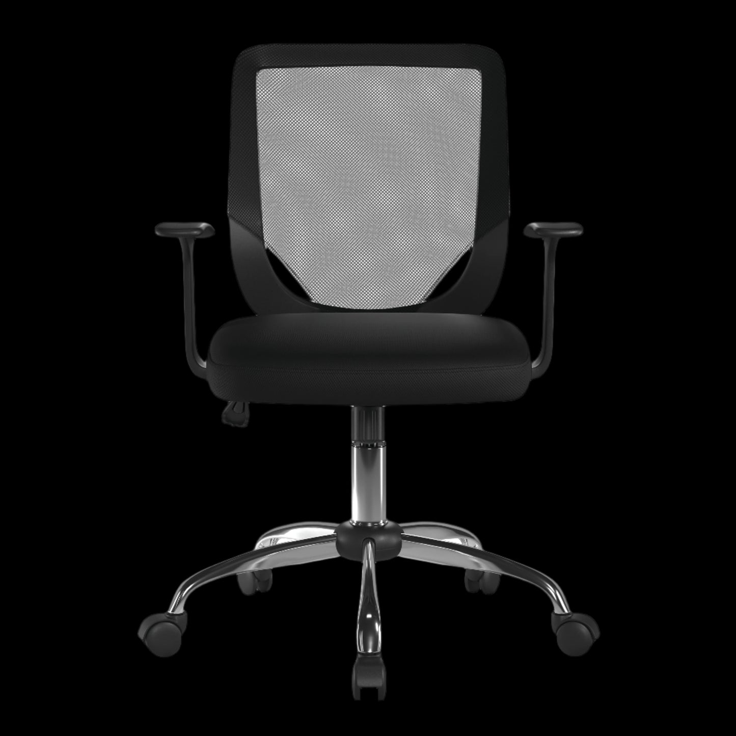 Black office chair with mesh backrest on a black  background
