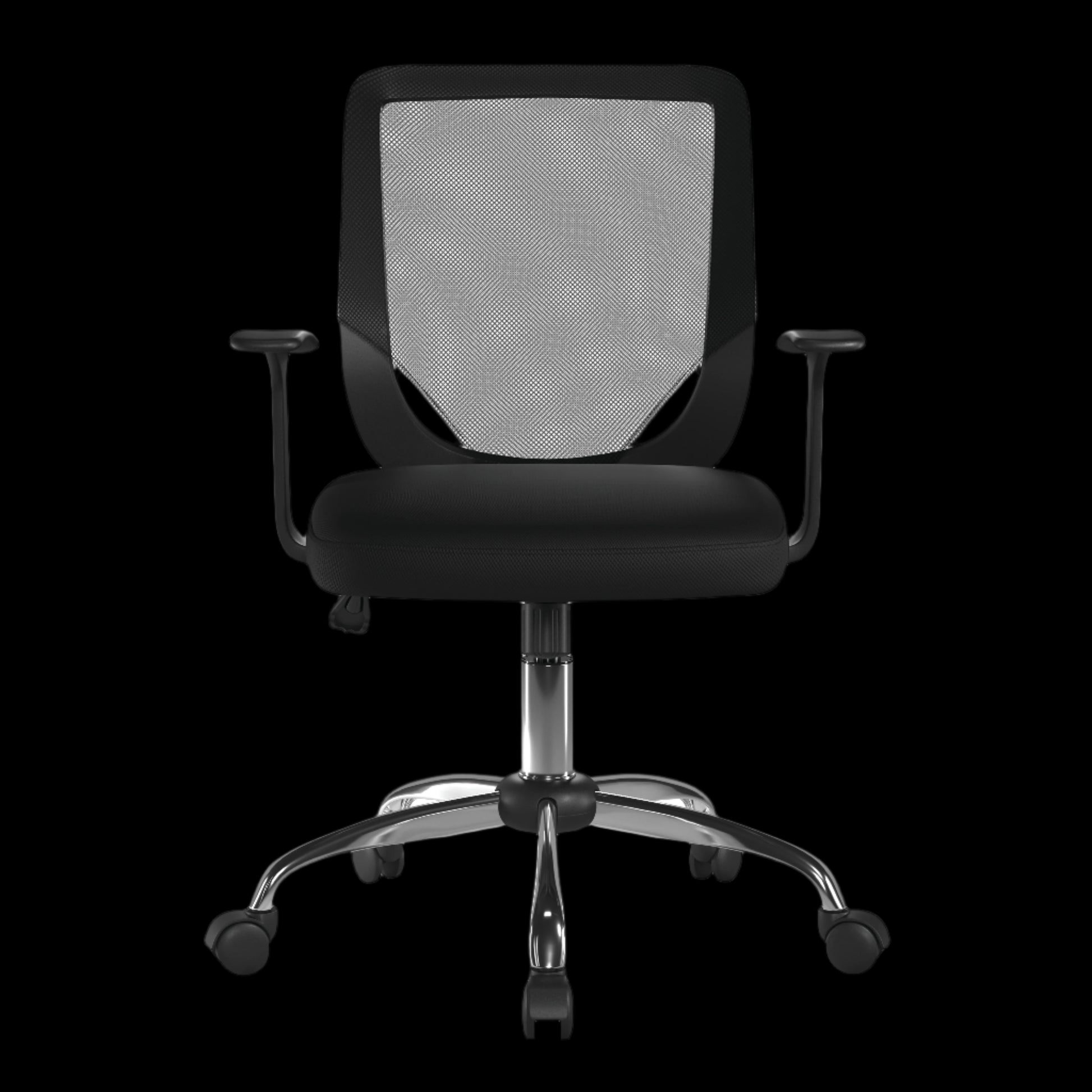 Black office chair with mesh backrest on a black  background