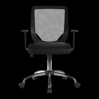 Black office chair with mesh backrest on a black  background
