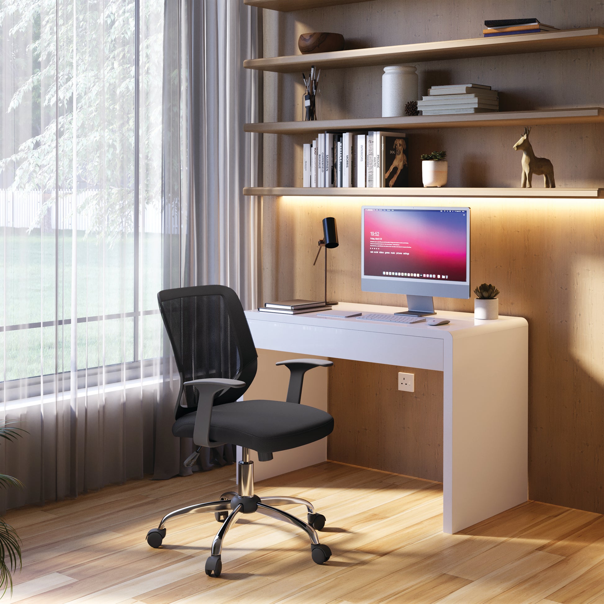 Modern home office with a desk, chair, and computer setup.