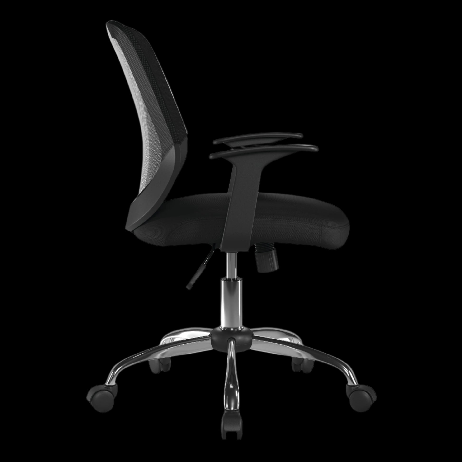 Black office chair with chrome base on a black background