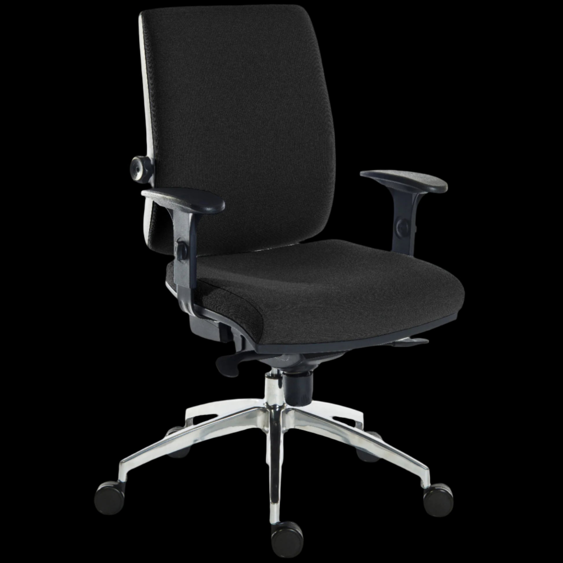 Black office chair with adjustable armrests on a black background