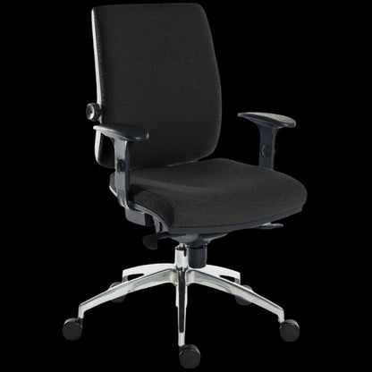 Black office chair with adjustable armrests on a black background