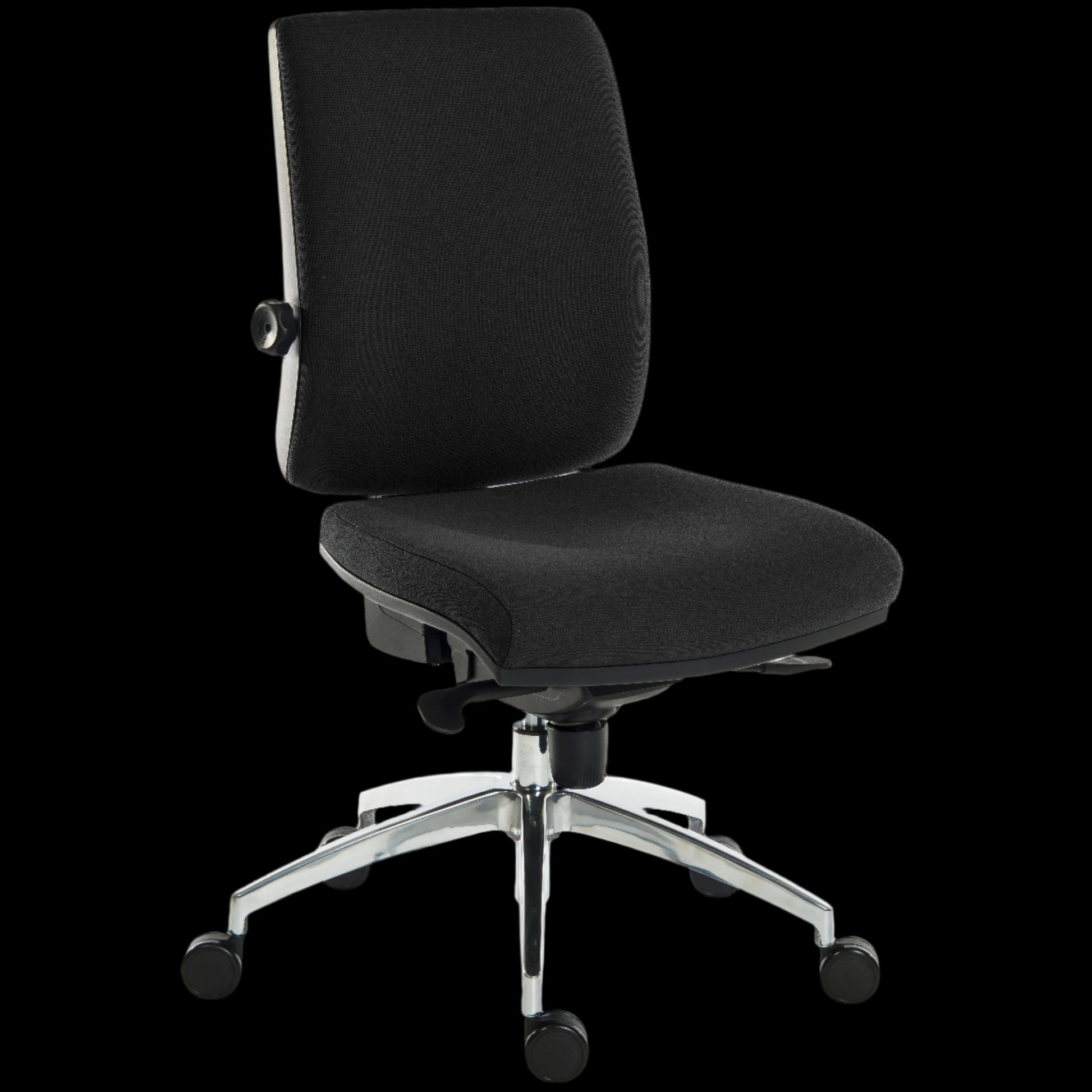 Black office chair with a chrome base on a black background
