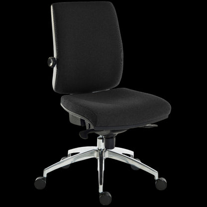 Black office chair with a chrome base on a black background