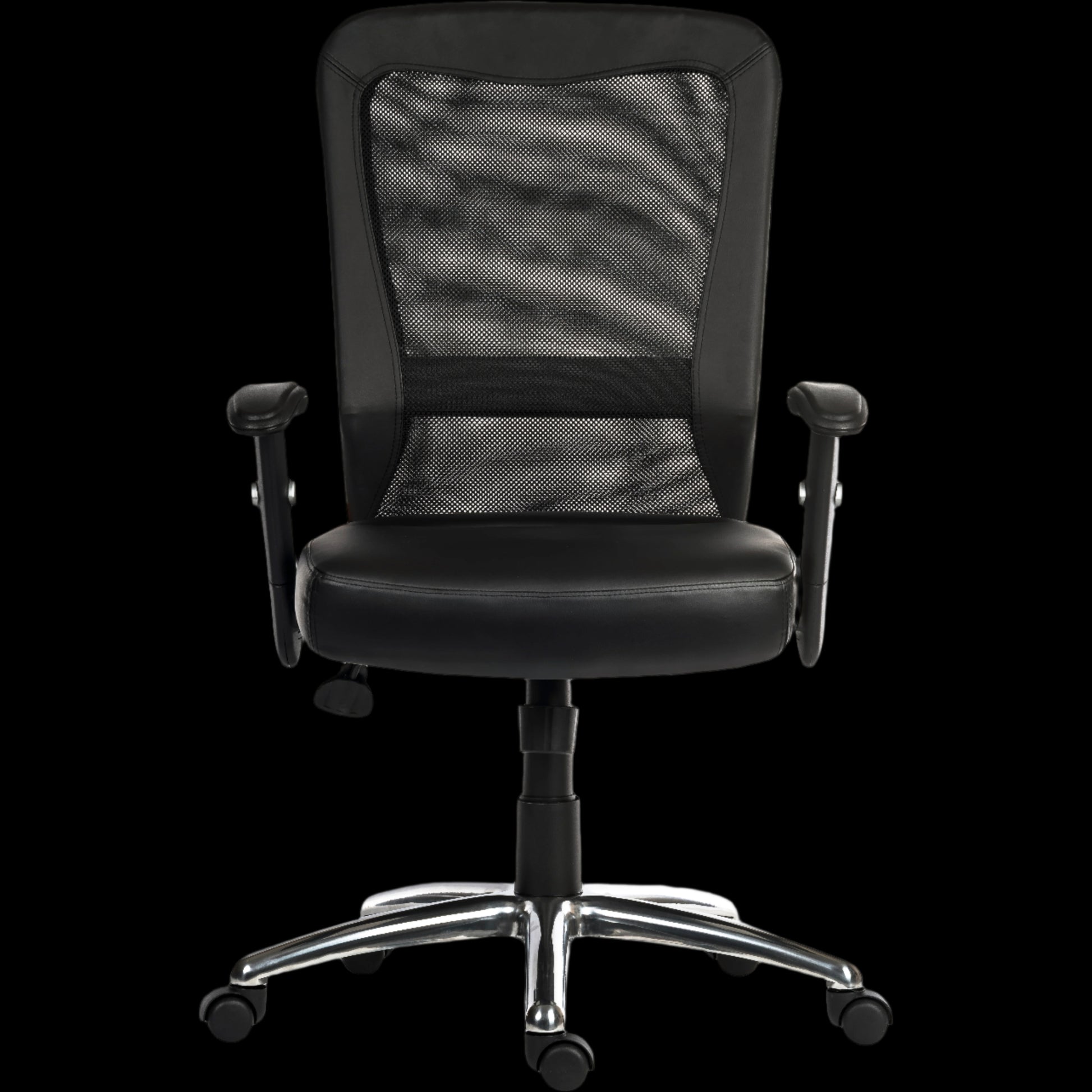 Black office chair with mesh backrest on a black background