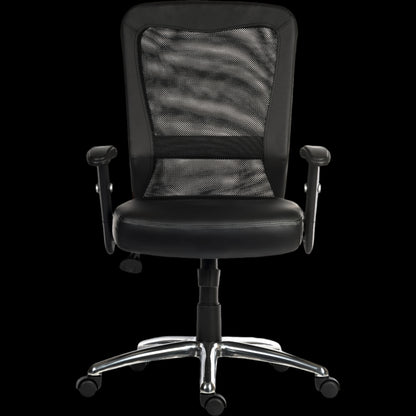 Black office chair with mesh backrest on a black background