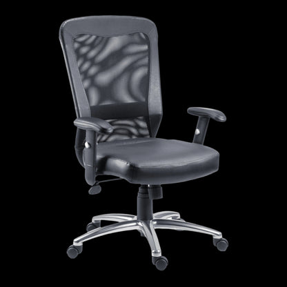 Black office chair with mesh back on a black background