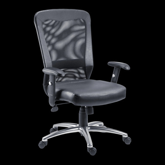 Black office chair with mesh back on a black background