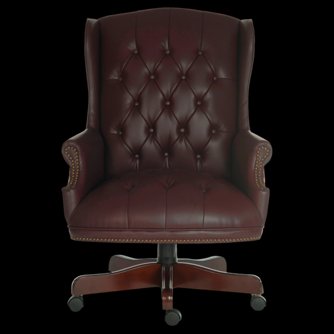 Brown leather office chair with tufted backrest on a black background