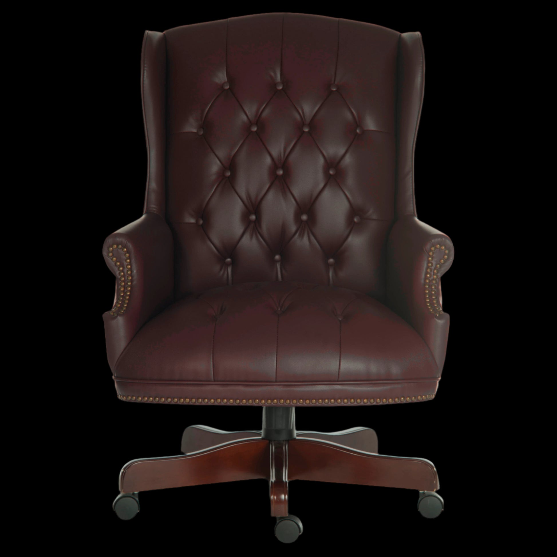 Brown leather office chair with tufted backrest on a black background