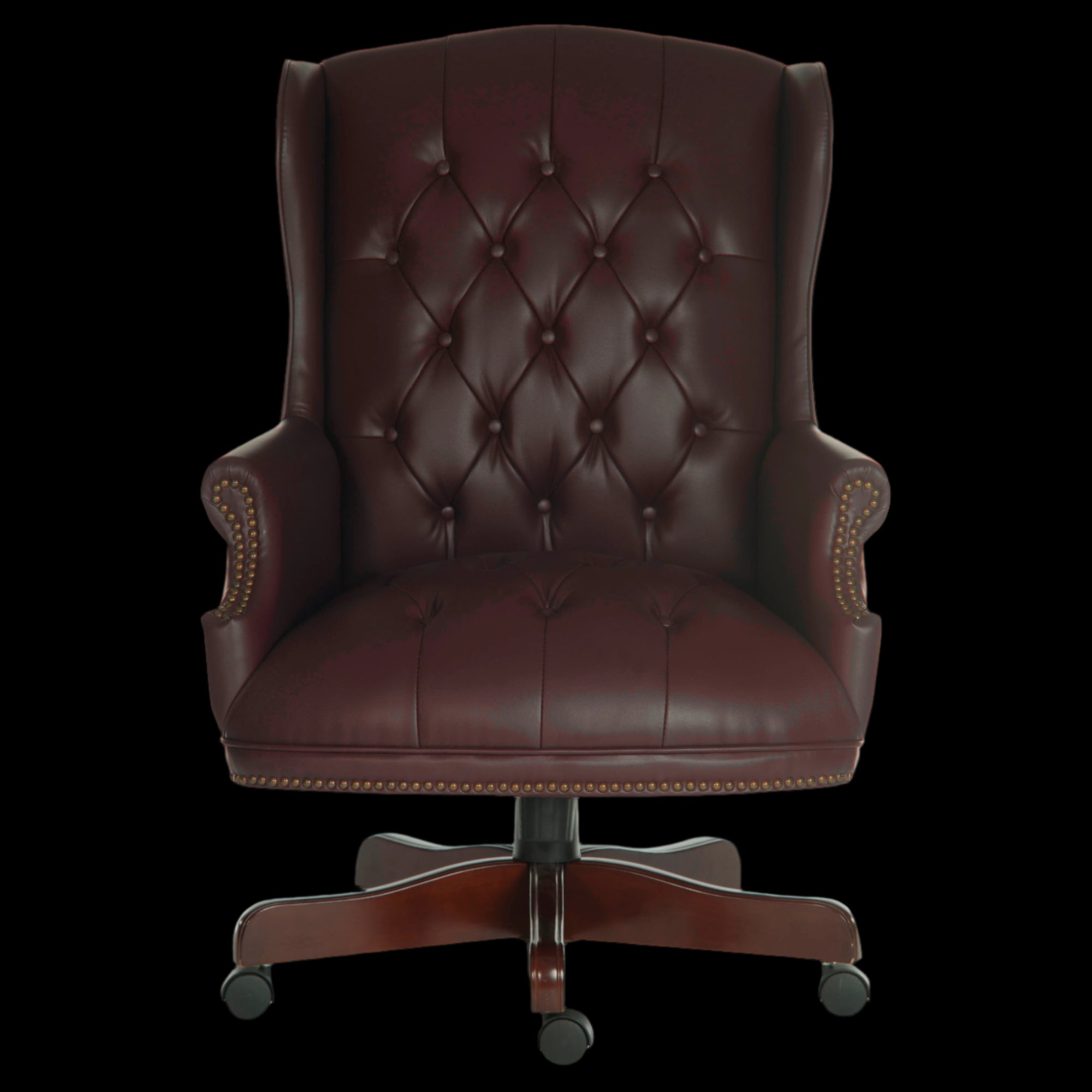 Brown leather office chair with tufted backrest on a black background
