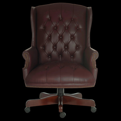 Brown leather office chair with tufted backrest on a black background