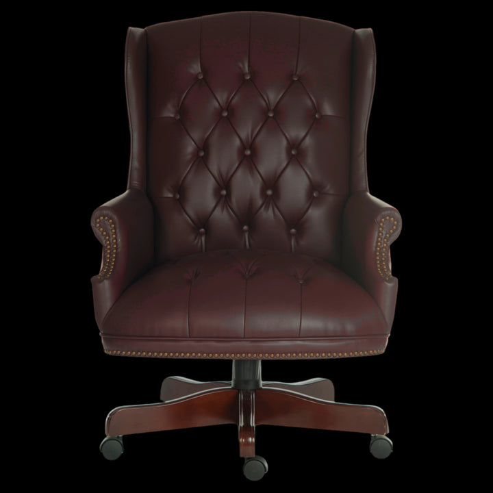Brown leather office chair with tufted backrest on a black background