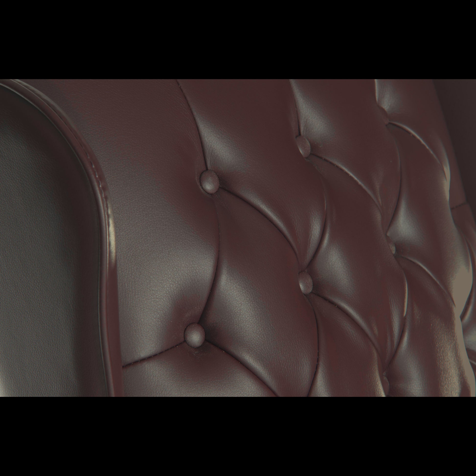 Close-up of a brown leather headboard with tufted design