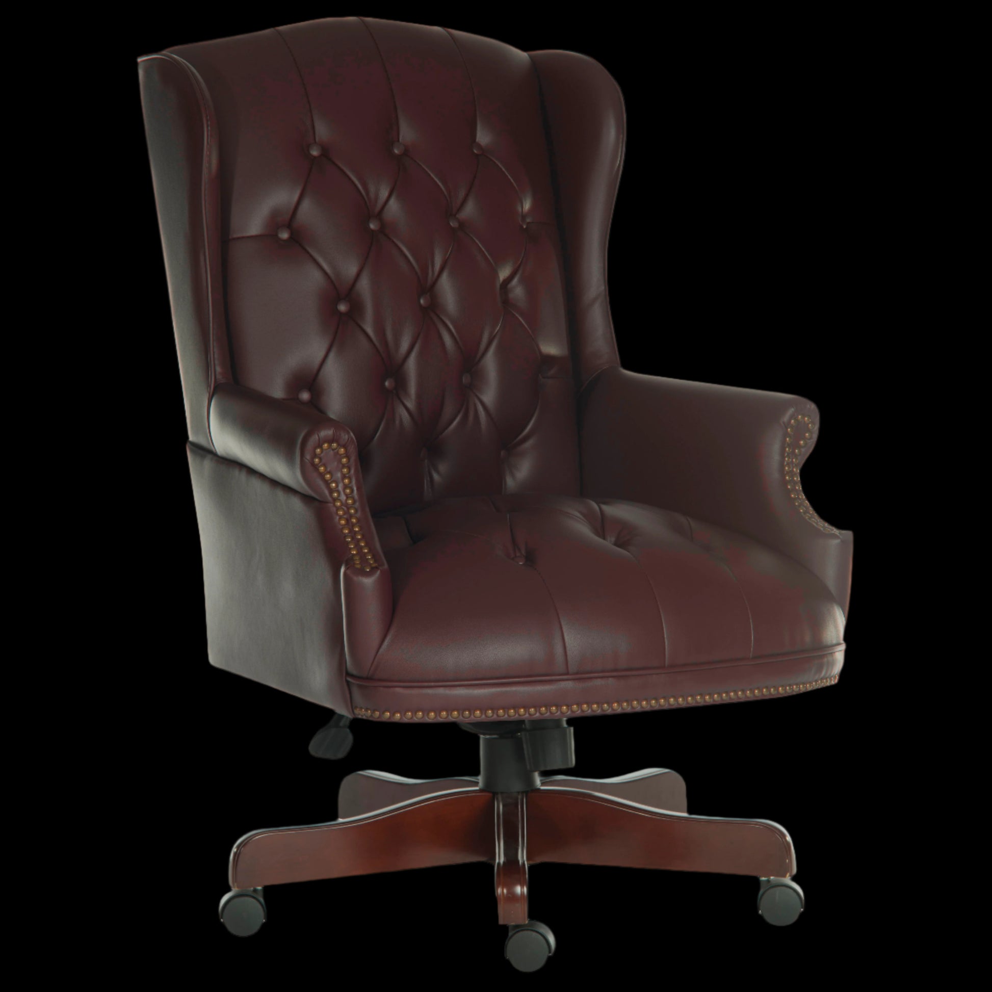 Brown leather office chair with tufted backrest on a black background
