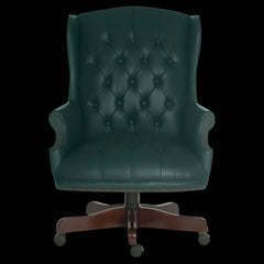 Green leather office chair with wooden base on a black background