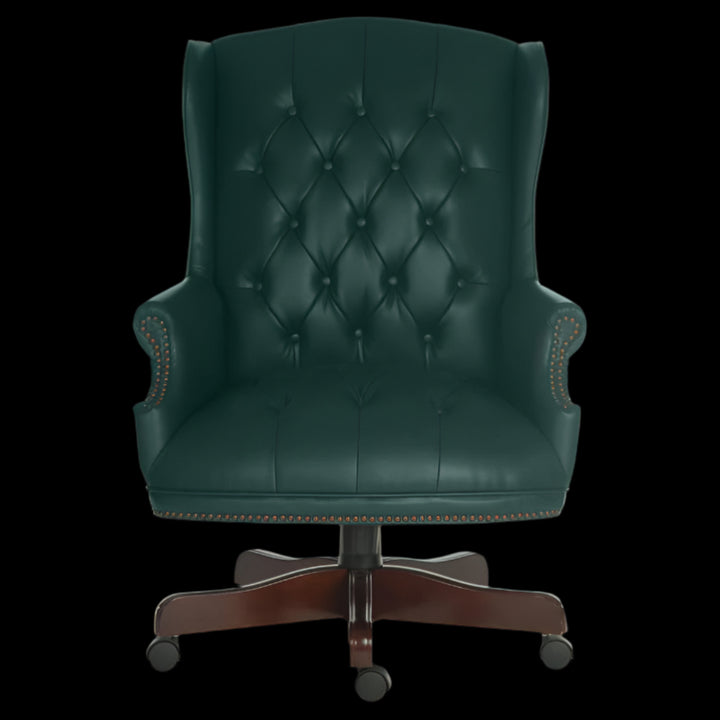 Green leather office chair with wooden base on a black background