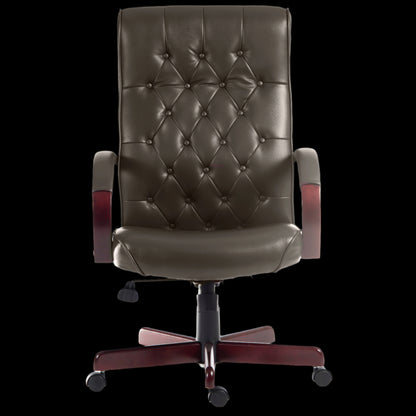 Brown leather office chair with tufted backrest on a black background
