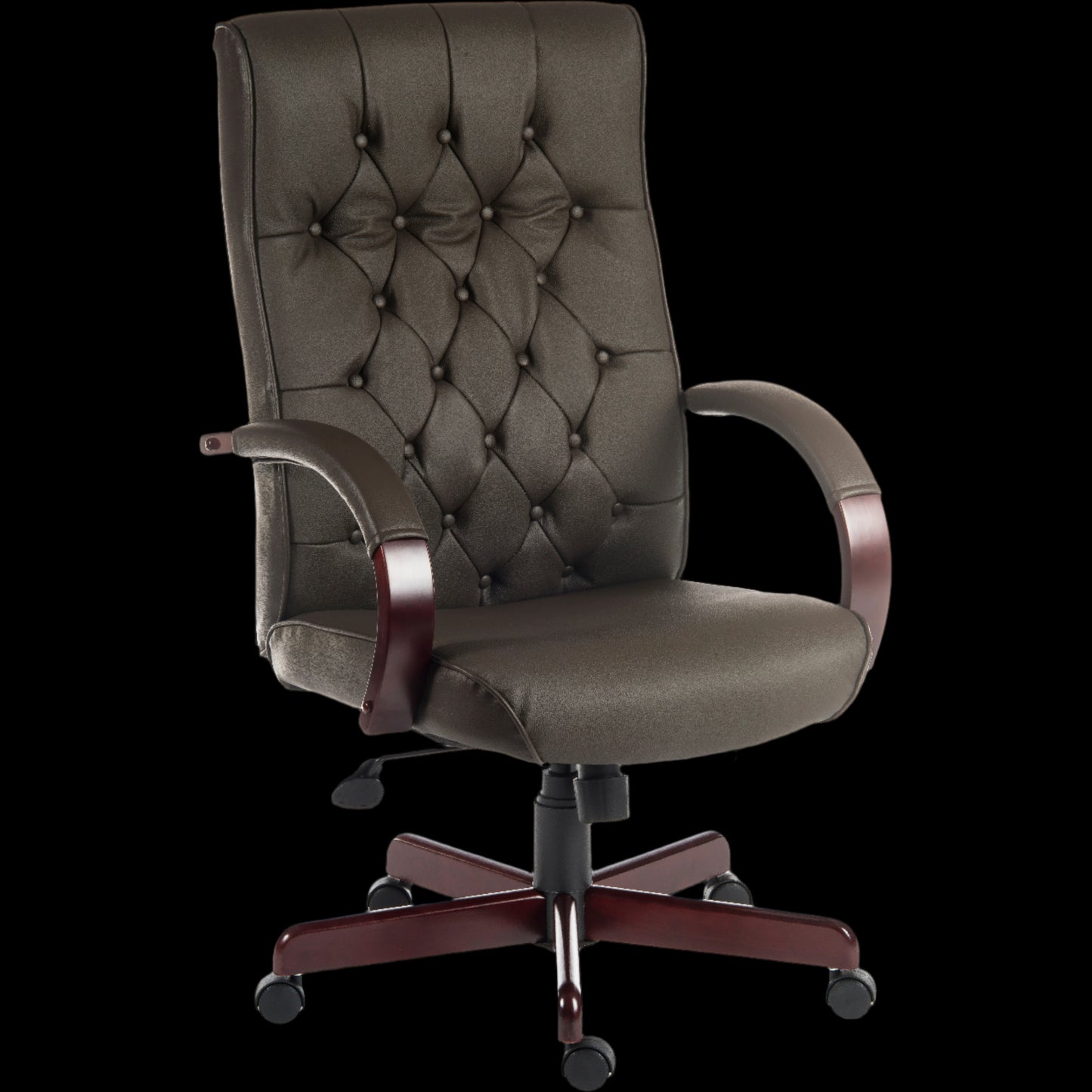 Brown office chair with tufted backrest on a black background