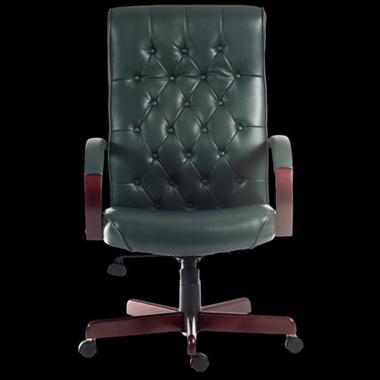 Green leather office chair with tufted backrest on a black background