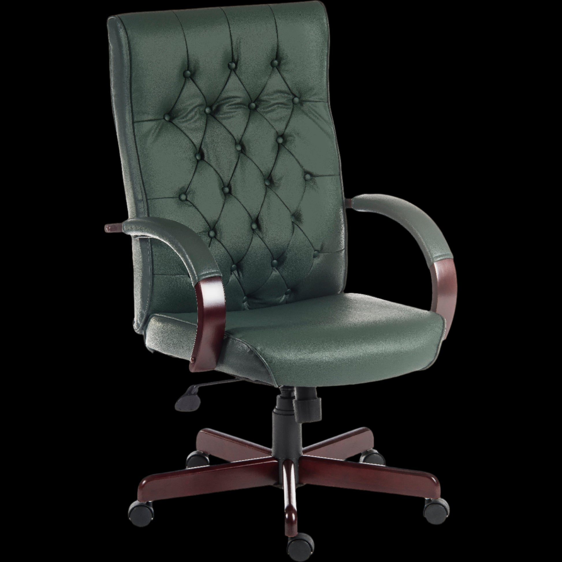 Green office chair with tufted backrest on a black background